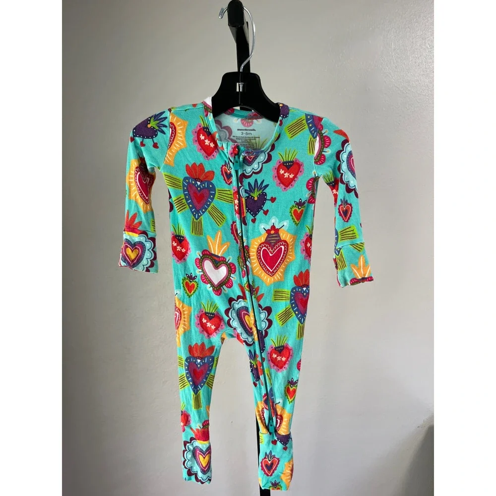 Musethreads Zippy Sleeper Turquoise 3-6mo Sacred Heart Bamboo Viscose Pajamas
